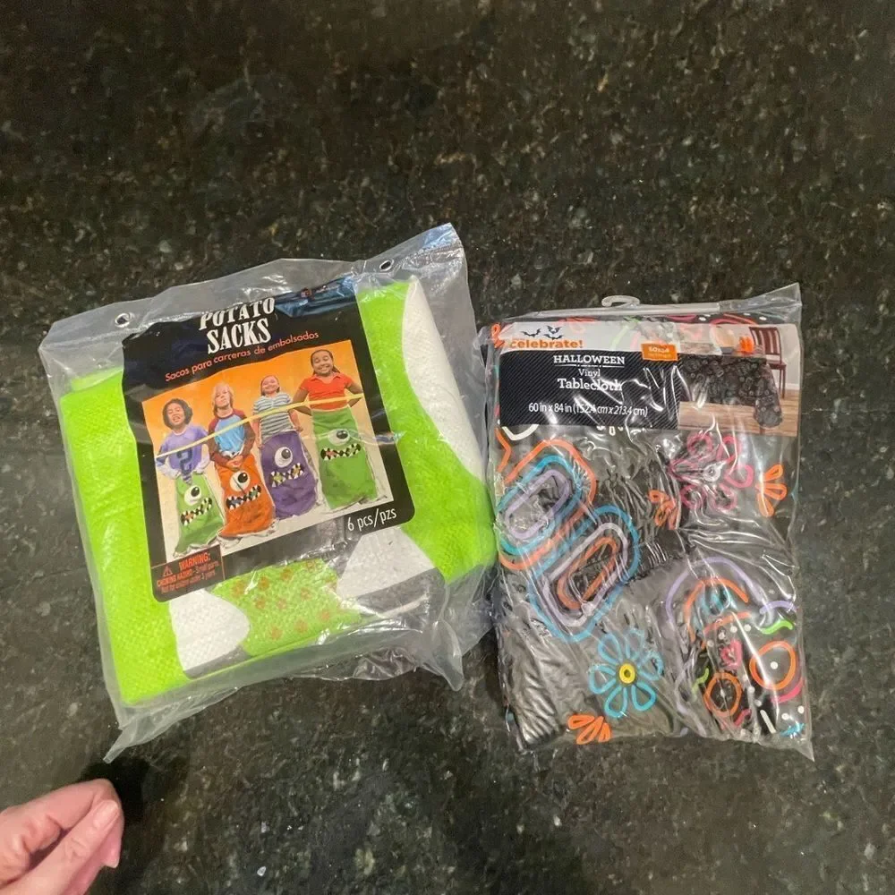 Halloween Decor: Colorful Monster Potato Sacks & Tablecloth